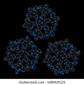 Flare mesh snow with glare effect. Abstract illuminated model of snow icon. Shiny wire frame triangular network snow. Vector abstraction on a black background.
