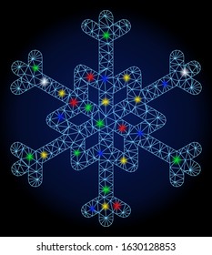 Flare mesh snowflake with sparkle effect. Abstract illuminated model of snowflake. Shiny wire frame triangular mesh snowflake icon. Vector abstraction on a dark blue gradient background.