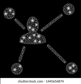 Flare mesh social graph with sparkle effect. Abstract illuminated model of social graph icon. Shiny wire frame polygonal mesh social graph. Vector abstraction on a black background.