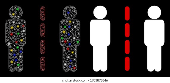 Flare mesh social isolation with glare effect. Abstract illuminated model of social isolation icon. White wire carcass polygonal mesh social isolation and base icon.