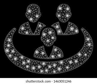 Flare mesh social network with lightspot effect. Abstract illuminated model of social network icon. Shiny wire carcass polygonal mesh social network. Vector abstraction on a black background.