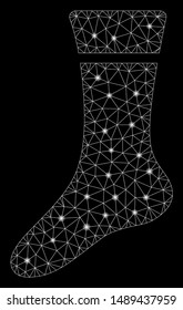 Flare mesh sock with glow effect. Abstract illuminated model of sock icon. Shiny wire frame triangular mesh sock. Vector abstraction on a black background.