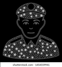 Flare mesh soldier with glow effect. Abstract illuminated model of soldier icon. Shiny wire frame triangular mesh soldier. Vector abstraction on a black background.