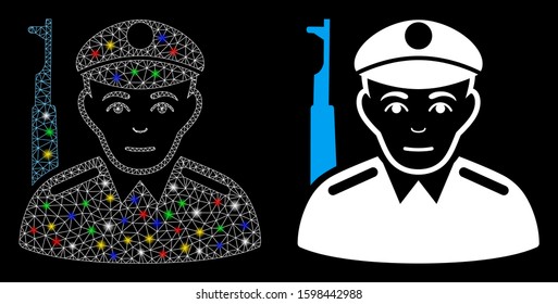 Flare mesh soldier icon with glare effect. Abstract illuminated model of soldier. Shiny wire frame polygonal mesh soldier icon. Vector abstraction on a black background.