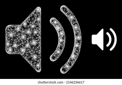 Flare mesh sound source with glowing spots. Linear carcass flat mesh generated with intersected white lines and sound source icon.