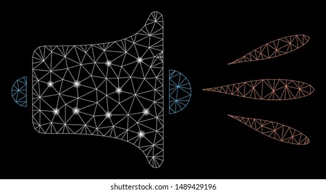 Flare mesh sound speaker with glow effect. Abstract illuminated model of sound speaker icon. Shiny wire frame polygonal mesh sound speaker. Vector abstraction on a black background.