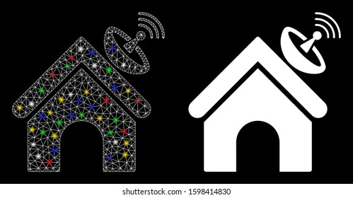 Flare mesh space antenna building icon with lightspot effect. Abstract illuminated model of space antenna building. Shiny wire frame triangular mesh space antenna building icon.