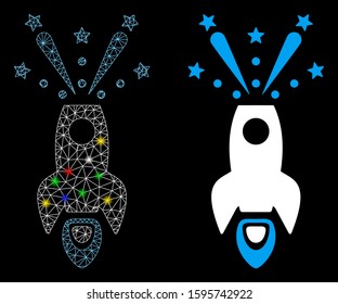 Flare mesh space rocket boom icon with glare effect. Abstract illuminated model of space rocket boom. Shiny wire frame polygonal mesh space rocket boom icon. Vector abstraction on a black background.