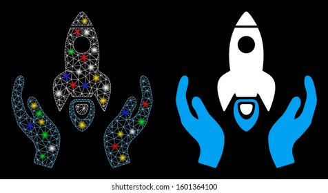 Flare mesh space rocket care hands icon with lightspot effect. Abstract illuminated model of space rocket care hands. Shiny wire carcass polygonal network space rocket care hands icon.