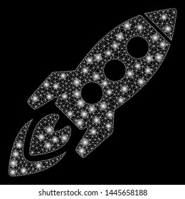 Flare mesh space rocket with glitter effect. Abstract illuminated model of space rocket icon. Shiny wire frame triangular mesh space rocket. Vector abstraction on a black background.