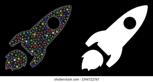 Flare mesh space rocket icon with glitter effect. Abstract illuminated model of space rocket. Shiny wire frame triangular mesh space rocket icon. Vector abstraction on a black background.