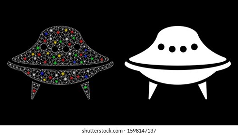 Flare mesh space ship icon with glare effect. Abstract illuminated model of space ship. Shiny wire carcass polygonal mesh space ship icon. Vector abstraction on a black background.