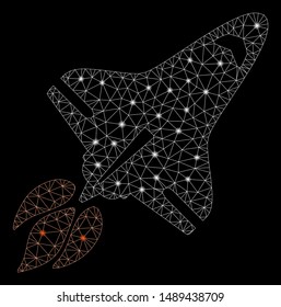 Flare mesh space shuttle with glow effect. Abstract illuminated model of space shuttle icon. Shiny wire carcass triangular mesh space shuttle. Vector abstraction on a black background.