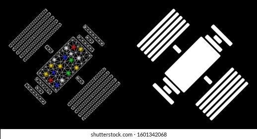 Flare mesh space station icon with glare effect. Abstract illuminated model of space station. Shiny wire frame triangular mesh space station icon. Vector abstraction on a black background.