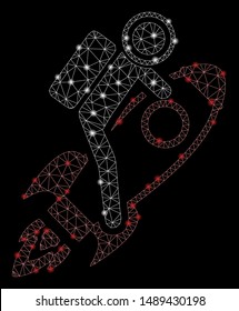 Flare mesh spaceman with glare effect. Abstract illuminated model of spaceman icon. Shiny wire frame triangular mesh spaceman. Vector abstraction on a black background.
