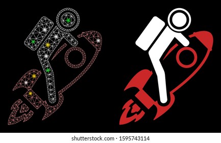 Flare mesh spaceman icon with glow effect. Abstract illuminated model of spaceman. Shiny wire frame polygonal mesh spaceman icon. Vector abstraction on a black background.