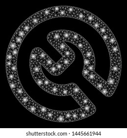 Flare mesh spanner install with glow effect. Abstract illuminated model of spanner install icon. Shiny wire frame polygonal mesh spanner install. Vector abstraction on a black background.