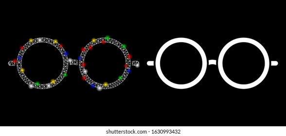 Flare mesh spectacles icon with lightspot effect. Abstract illuminated model of spectacles. Shiny wire frame polygonal mesh spectacles icon. Vector abstraction on a black background.