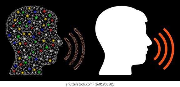 Flare mesh speech icon with glitter effect. Abstract illuminated model of speech. Shiny wire carcass polygonal mesh speech icon. Vector abstraction on a black background.