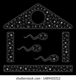 Flare mesh sperm bank with glitter effect. Abstract illuminated model of sperm bank icon. Shiny wire carcass triangular mesh sperm bank. Vector abstraction on a black background.