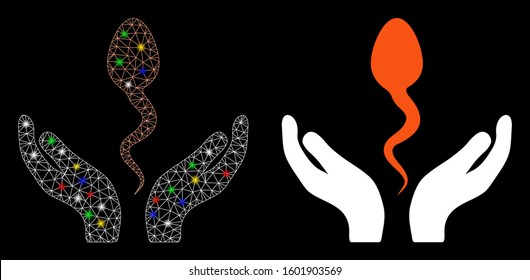 Flare mesh sperm care hands icon with glare effect. Abstract illuminated model of sperm care hands. Shiny wire frame polygonal network sperm care hands icon. Vector abstraction on a black background.
