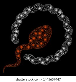 Flare mesh sperm penetration with glare effect. Abstract illuminated model of sperm penetration icon. Shiny wire frame triangular mesh sperm penetration. Vector abstraction on a black background.