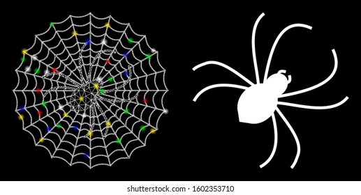 Flare mesh spider net icon with lightspot effect. Abstract illuminated model of spider net. Shiny wire frame triangular mesh spider net icon. Vector abstraction on a black background.