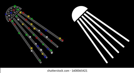 Flare mesh spray source icon with lightspot effect. Abstract illuminated model of spray source. Shiny wire carcass triangular network spray source icon. Vector abstraction on a black background.