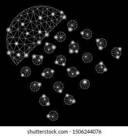 Flare mesh spray tool with glitter effect. Abstract illuminated model of spray tool icon. Shiny wire carcass triangular mesh spray tool. Vector abstraction on a black background.