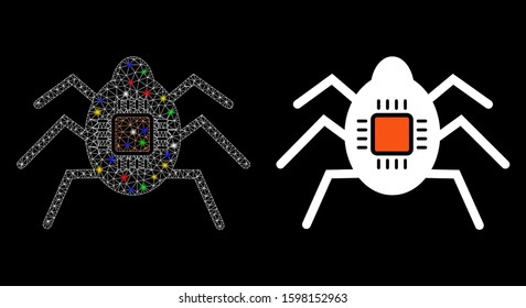 Flare mesh spy bug icon with glow effect. Abstract illuminated model of spy bug. Shiny wire frame polygonal mesh spy bug icon. Vector abstraction on a black background.