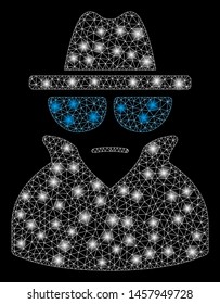 Flare mesh spy with glitter effect. Abstract illuminated model of spy icon. Shiny wire frame polygonal mesh spy. Vector abstraction on a black background. Abstract 2d mesh built from polygonal grid,