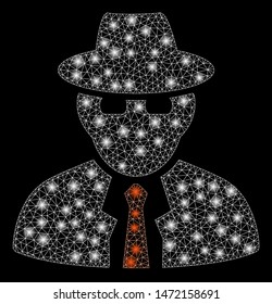 Flare mesh spy with glow effect. Abstract illuminated model of spy icon. Shiny wire carcass polygonal network spy. Vector abstraction on a black background.