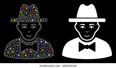 Flare mesh spy icon with lightspot effect. Abstract illuminated model of spy. Shiny wire carcass triangular network spy icon. Vector abstraction on a black background.