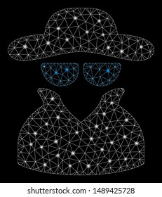 Flare mesh spy with sparkle effect. Abstract illuminated model of spy icon. Shiny wire frame triangular network spy. Vector abstraction on a black background.