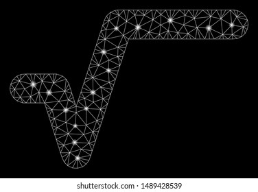 Flare mesh sqrt with sparkle effect. Abstract illuminated model of sqrt icon. Shiny wire carcass polygonal mesh sqrt. Vector abstraction on a black background.
