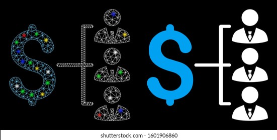 Flare mesh staff payment icon with lightspot effect. Abstract illuminated model of staff payment. Shiny wire frame polygonal mesh staff payment icon. Vector abstraction on a black background.
