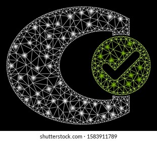 Flare mesh standard check with sparkle effect. Abstract illuminated model of standard check icon. Shiny wire carcass triangular mesh standard check. Vector abstraction on a black background.