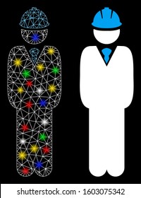 Flare mesh standing engineer icon with glow effect. Abstract illuminated model of standing engineer. Shiny wire frame polygonal mesh standing engineer icon. Vector abstraction on a black background.