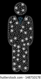 Flare mesh standing manager with glare effect. Abstract illuminated model of standing manager icon. Shiny wire frame triangular mesh standing manager. Vector abstraction on a black background.