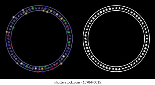 Flare mesh star double circle frame icon with glare effect. Abstract illuminated model of star double circle frame. Shiny wire frame polygonal network star double circle frame icon.