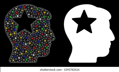 Flare mesh star head icon with glow effect. Abstract illuminated model of star head. Shiny wire frame polygonal mesh star head icon. Vector abstraction on a black background.