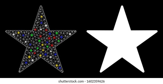 Flare mesh star icon with glow effect. Abstract illuminated model of star. Shiny wire carcass polygonal mesh star icon. Vector abstraction on a black background.