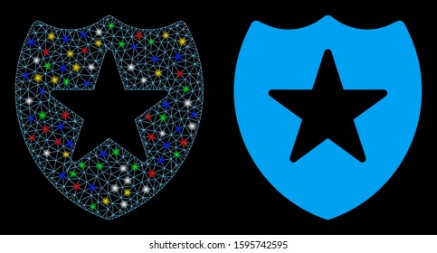Flare mesh star shield icon with glow effect. Abstract illuminated model of star shield. Shiny wire frame triangular mesh star shield icon. Vector abstraction on a black background.