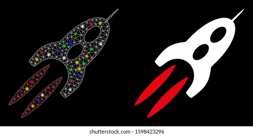 Flare mesh starship icon with sparkle effect. Abstract illuminated model of starship. Shiny wire frame polygonal mesh starship icon. Vector abstraction on a black background.
