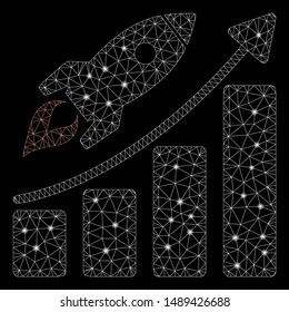 Flare mesh startup rocket growth chart with glitter effect. Abstract illuminated model of startup rocket growth chart icon. Shiny wire carcass triangular mesh startup rocket growth chart.