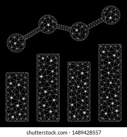 Flare mesh stats charts with sparkle effect. Abstract illuminated model of stats charts icon. Shiny wire frame triangular network stats charts. Vector abstraction on a black background.