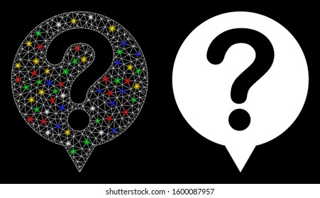 Flare mesh status icon with glitter effect. Abstract illuminated model of status. Shiny wire carcass polygonal mesh status icon. Vector abstraction on a black background.