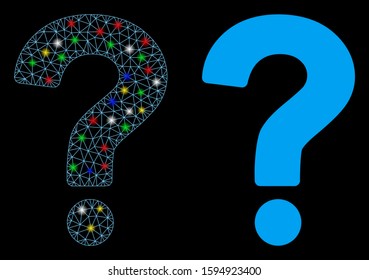 Flare mesh status icon with sparkle effect. Abstract illuminated model of status. Shiny wire frame triangular mesh status icon. Vector abstraction on a black background.