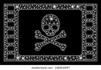 Flare mesh stolen movie with sparkle effect. Abstract illuminated model of stolen movie icon. Shiny wire carcass triangular mesh stolen movie. Vector abstraction on a black background.