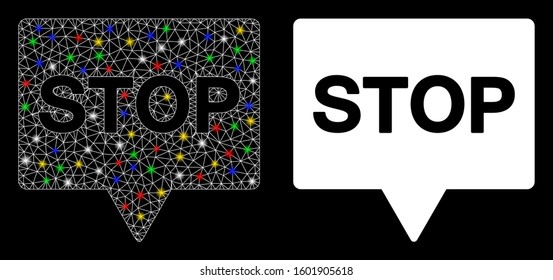 Flare mesh stop banner icon with lightspot effect. Abstract illuminated model of stop banner. Shiny wire frame polygonal network stop banner icon. Vector abstraction on a black background.